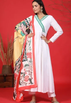 Embroidered Neckline Pure Cotton A Line Suit in White