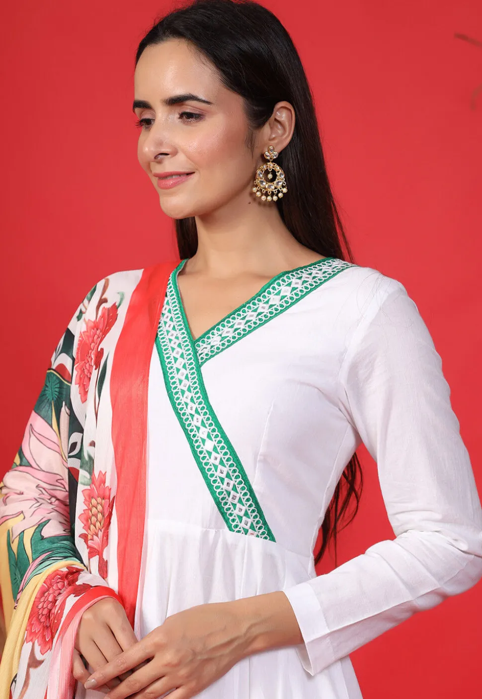 Embroidered Neckline Pure Cotton A Line Suit in White