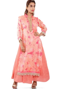 Embroidered Neckline Pure Kota Silk Abaya Style Suit in Peach