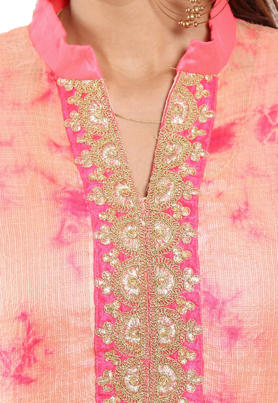 Embroidered Neckline Pure Kota Silk Abaya Style Suit in Peach