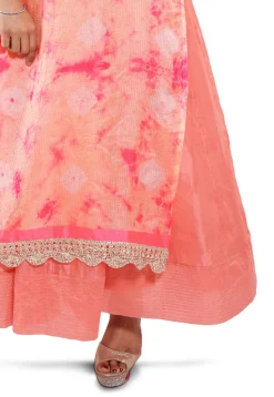 Embroidered Neckline Pure Kota Silk Abaya Style Suit in Peach