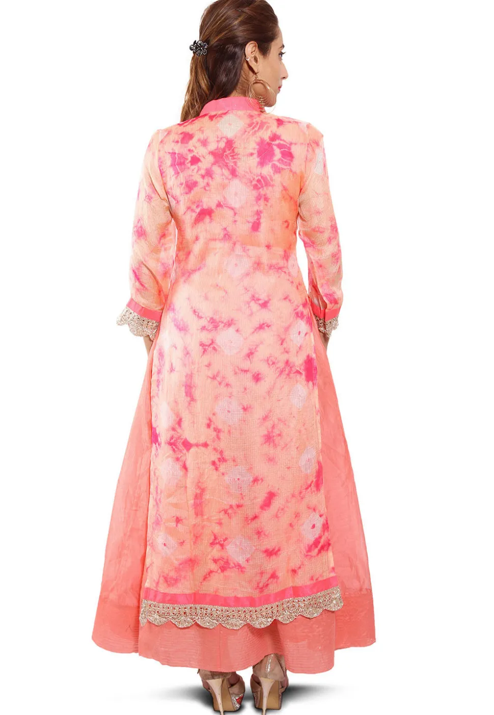 Embroidered Neckline Pure Kota Silk Abaya Style Suit in Peach