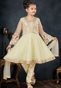 Embroidered Net A Line Suit in Yellow