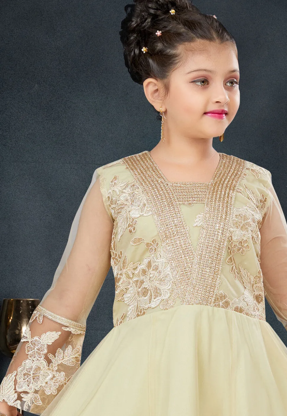 Embroidered Net A Line Suit in Yellow
