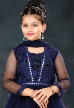 Embroidered Net A Line Suit in Navy Blue