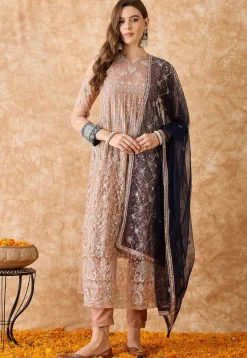 Embroidered Net A Line Suit in Peach