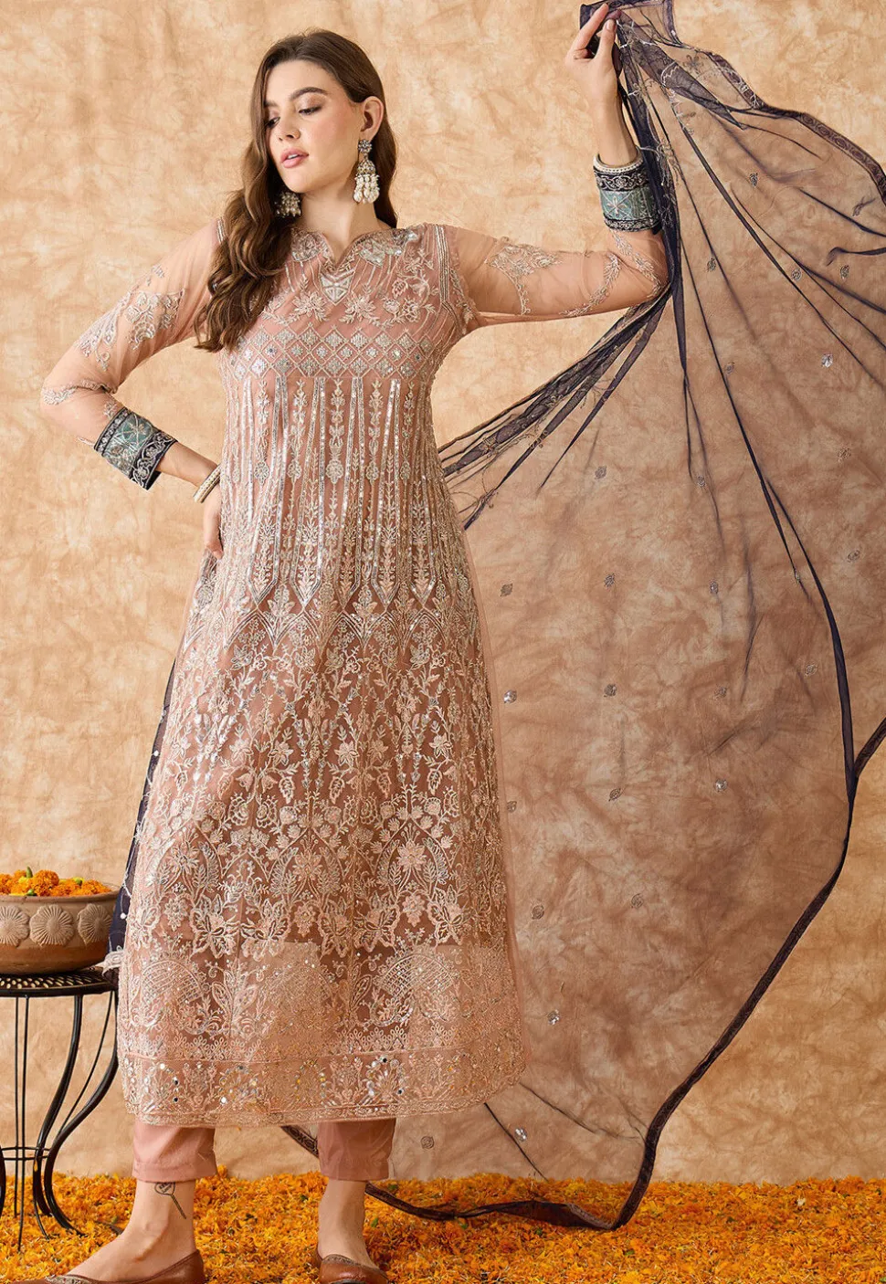 Embroidered Net A Line Suit in Peach