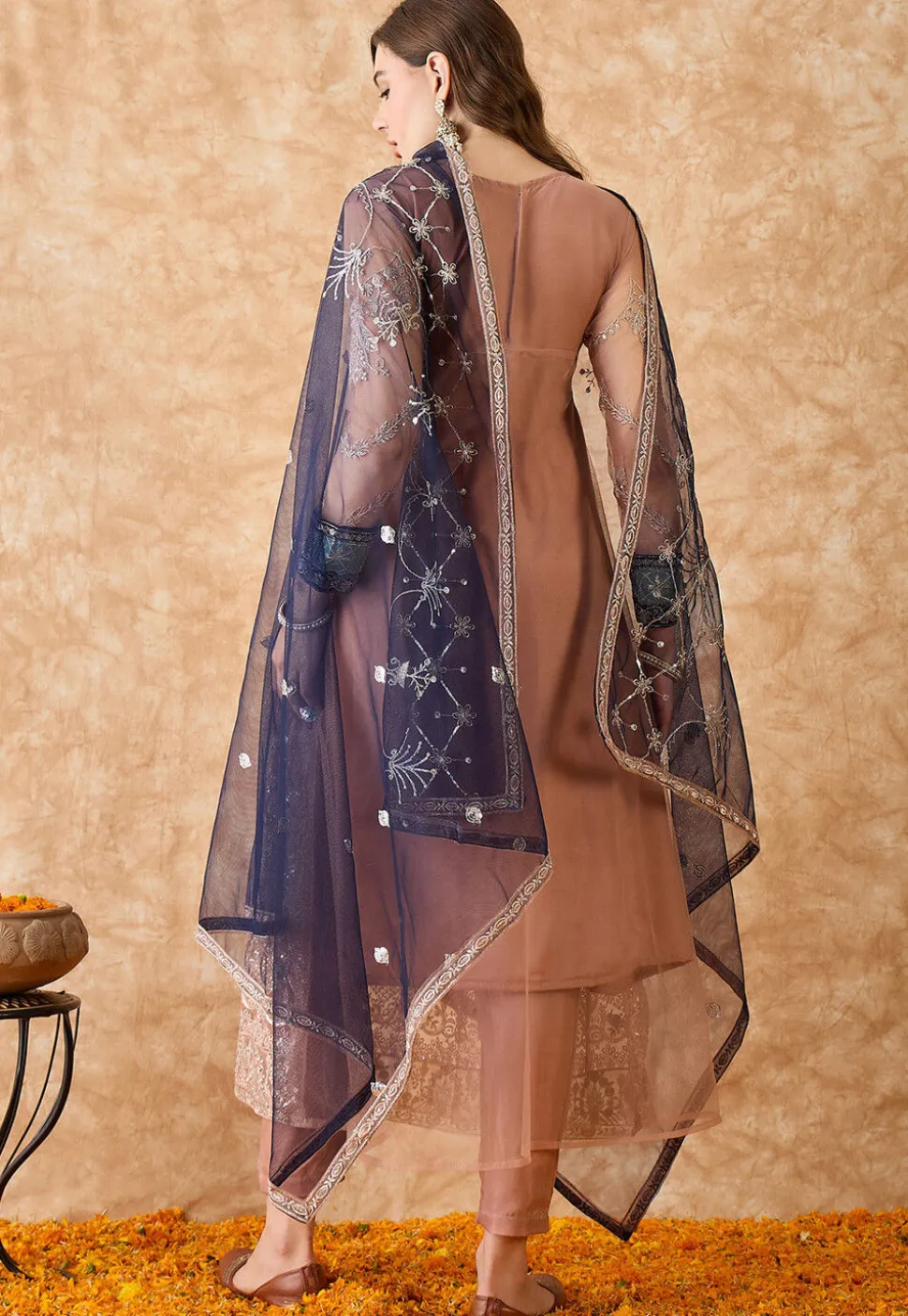 Embroidered Net A Line Suit in Peach