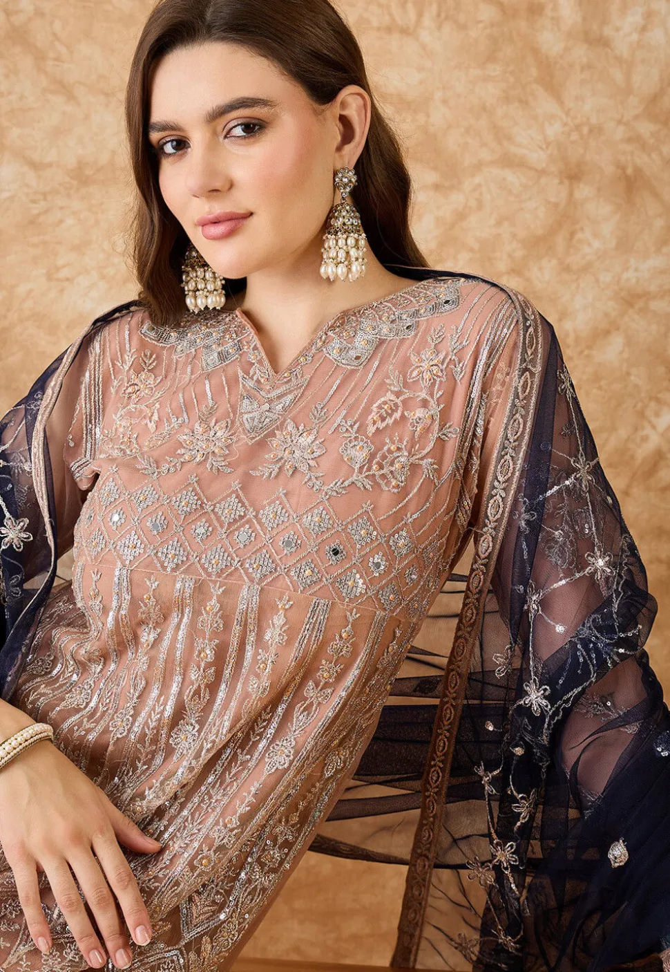 Embroidered Net A Line Suit in Peach