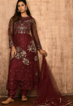 Embroidered Net A Line Suit in Maroon