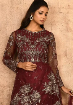Embroidered Net A Line Suit in Maroon
