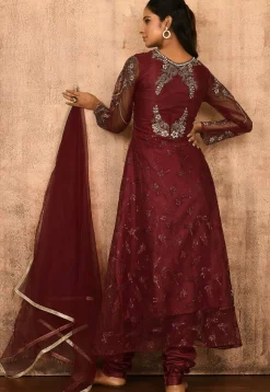 Embroidered Net A Line Suit in Maroon