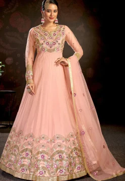Embroidered Net Abaya Style Suit in Pink