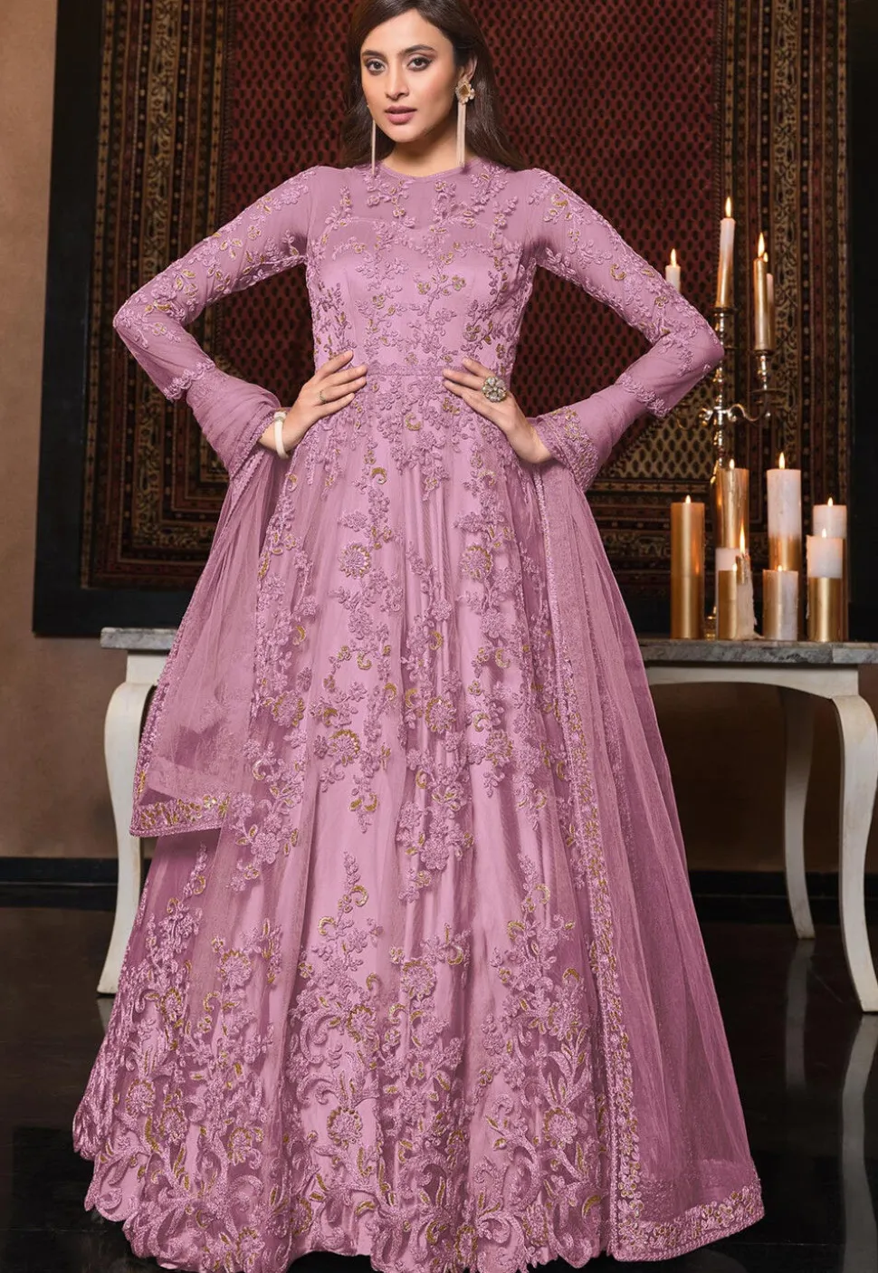Embroidered Net Abaya Style Suit in Purple
