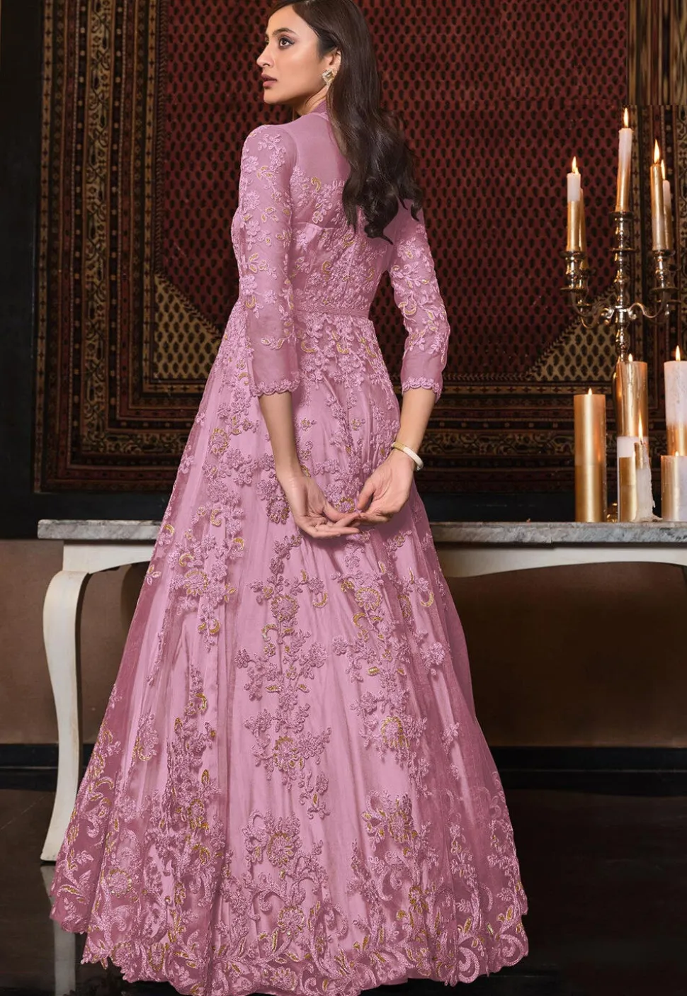 Embroidered Net Abaya Style Suit in Purple