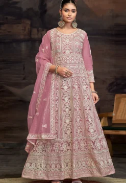 Embroidered Net Abaya Style Suit in Pink