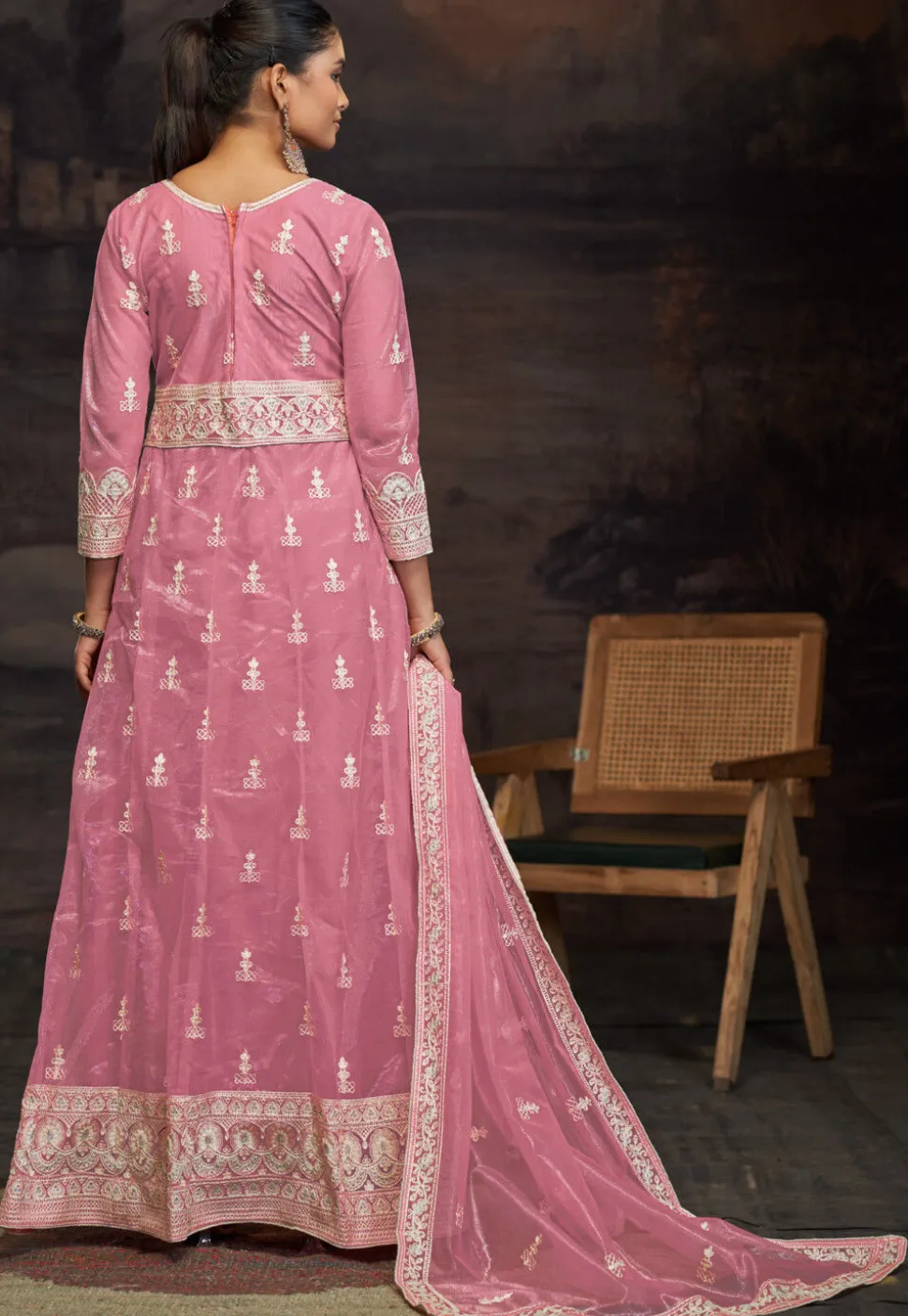 Embroidered Net Abaya Style Suit in Pink
