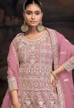 Embroidered Net Abaya Style Suit in Pink