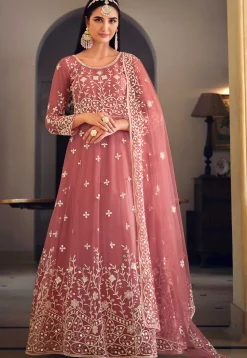 Embroidered Net Abaya Style Suit in Old Rose