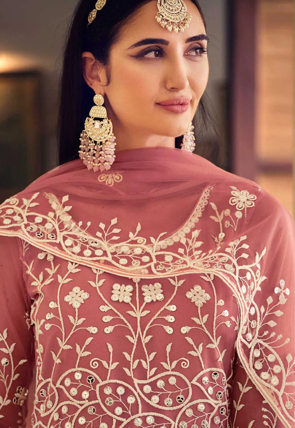 Embroidered Net Abaya Style Suit in Old Rose