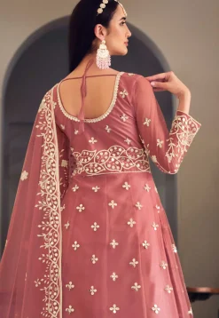Embroidered Net Abaya Style Suit in Old Rose