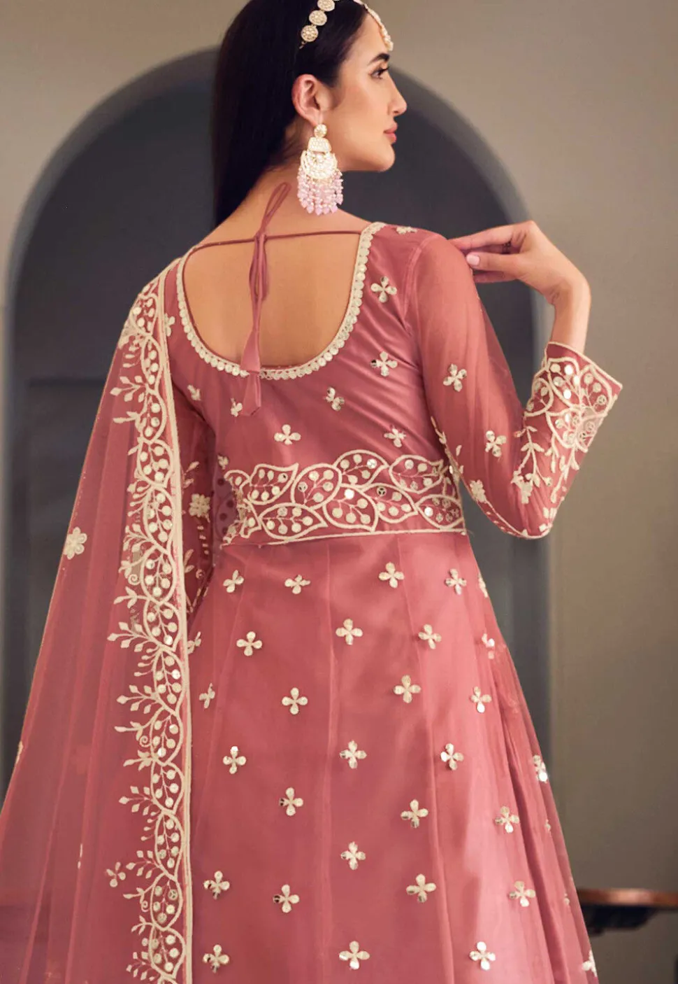 Embroidered Net Abaya Style Suit in Old Rose