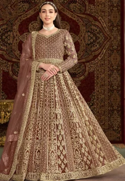 Embroidered Net Abaya Style Suit in Rose Gold