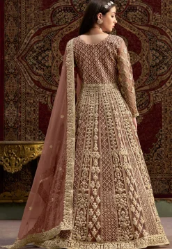 Embroidered Net Abaya Style Suit in Rose Gold