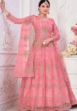 Embroidered Net Abaya Style Suit in Pink