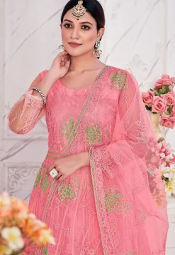 Embroidered Net Abaya Style Suit in Pink