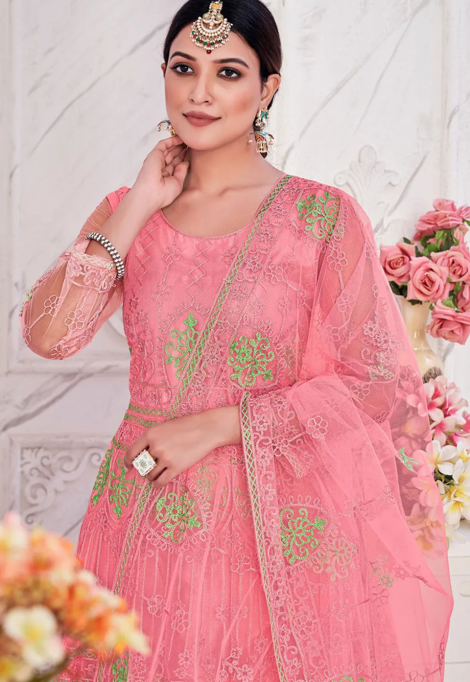 Embroidered Net Abaya Style Suit in Pink