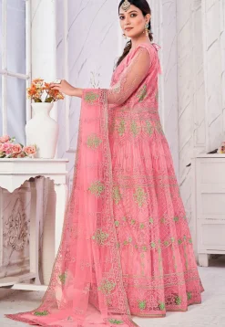 Embroidered Net Abaya Style Suit in Pink