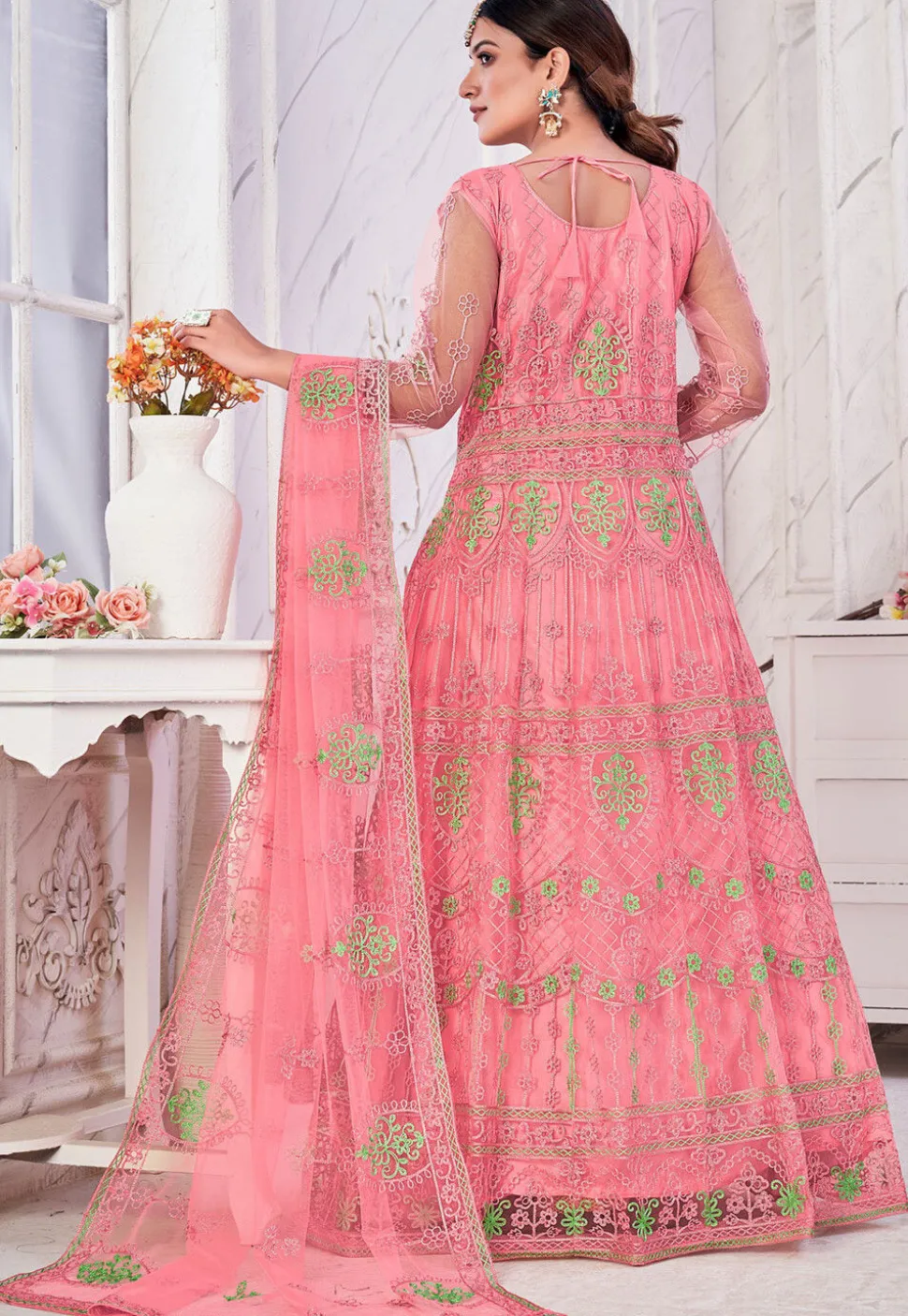 Embroidered Net Abaya Style Suit in Pink