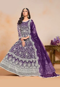 Embroidered Net Abaya Style Suit in Purple