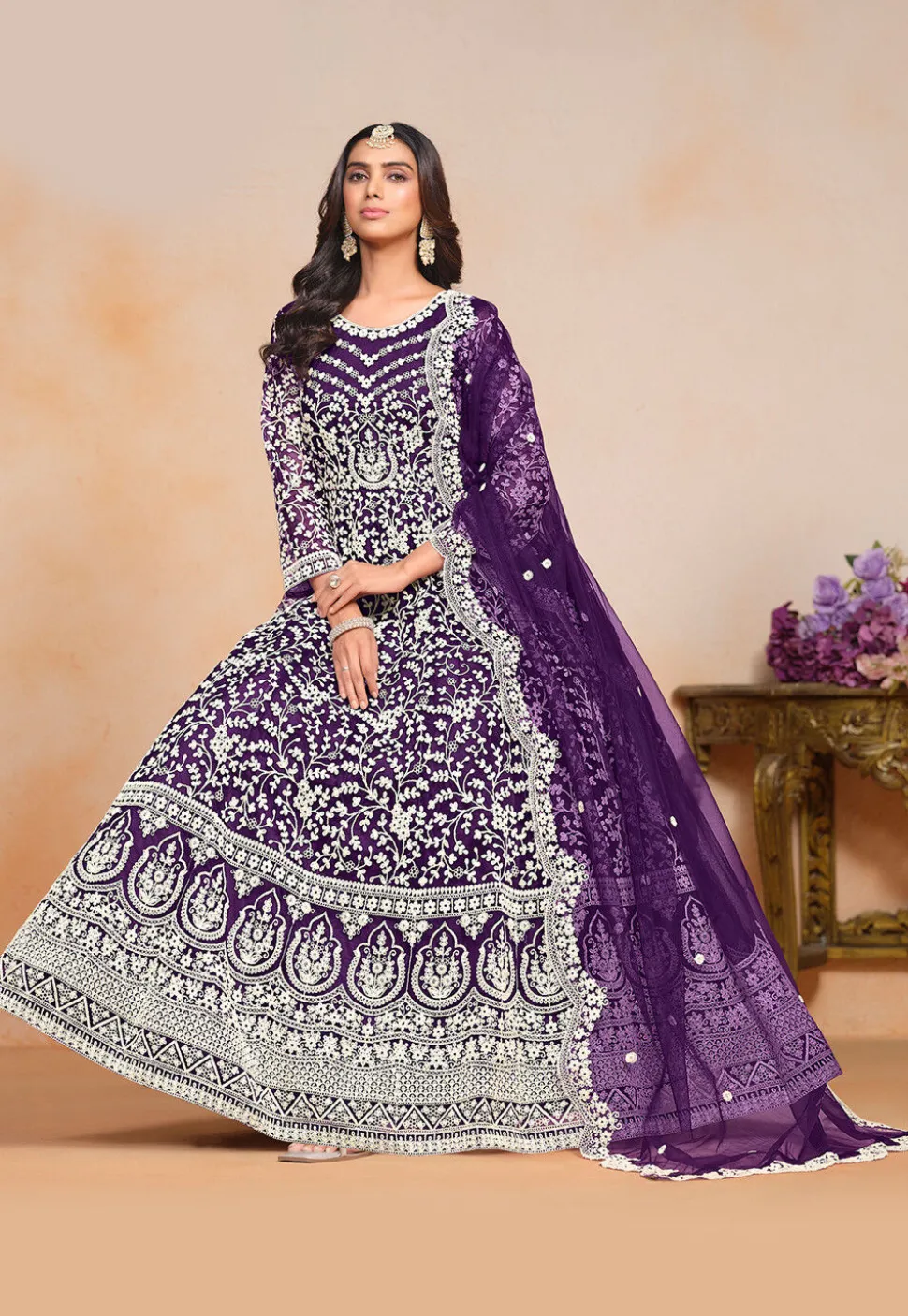 Embroidered Net Abaya Style Suit in Purple