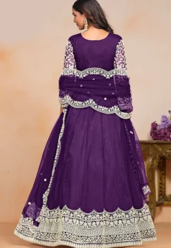 Embroidered Net Abaya Style Suit in Purple