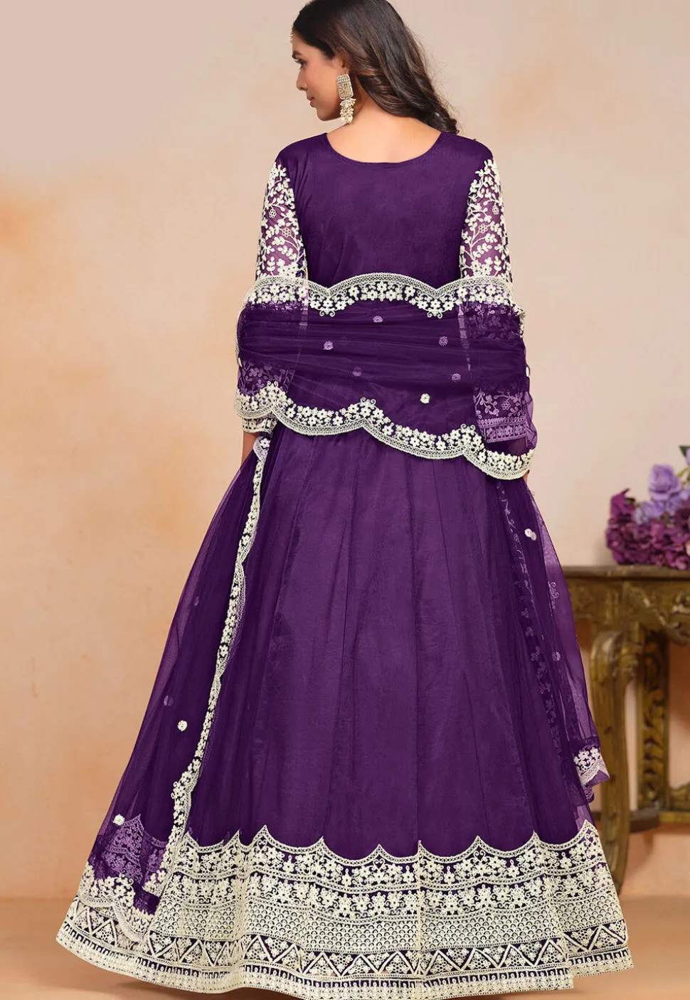Embroidered Net Abaya Style Suit in Purple