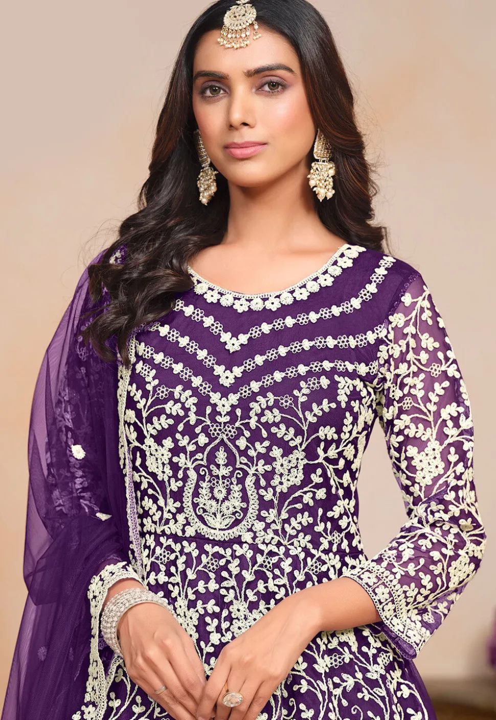 Embroidered Net Abaya Style Suit in Purple