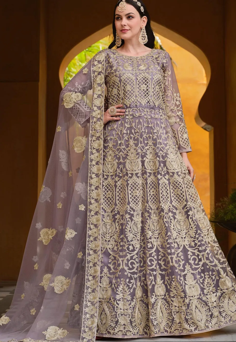 Embroidered Net Abaya Style Suit in Purple
