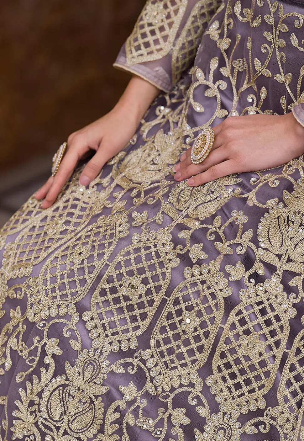 Embroidered Net Abaya Style Suit in Purple