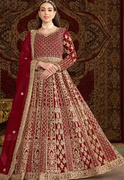 Embroidered Net Abaya Style Suit in Maroon