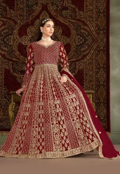 Embroidered Net Abaya Style Suit in Maroon