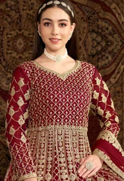Embroidered Net Abaya Style Suit in Maroon