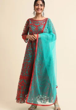Embroidered Net Abaya Style Suit in Sea Green and Red