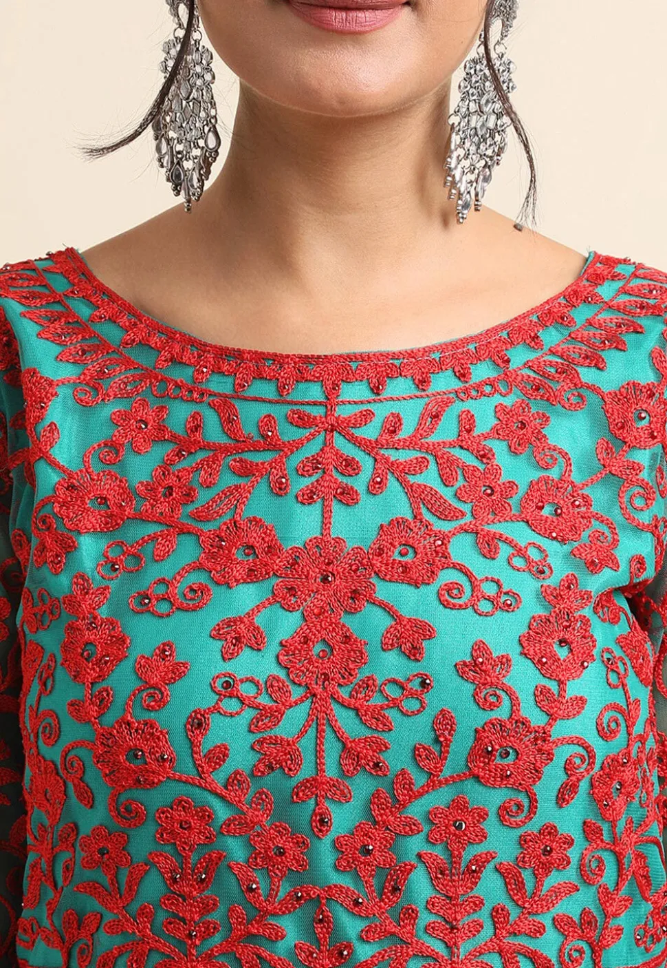 Embroidered Net Abaya Style Suit in Sea Green and Red