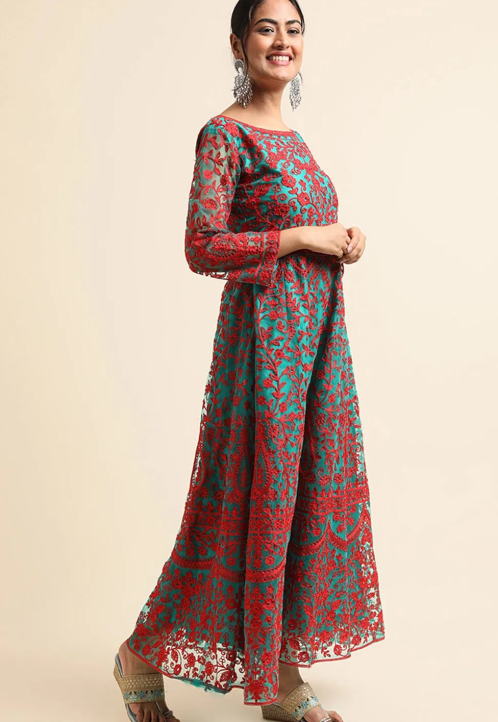 Embroidered Net Abaya Style Suit in Sea Green and Red
