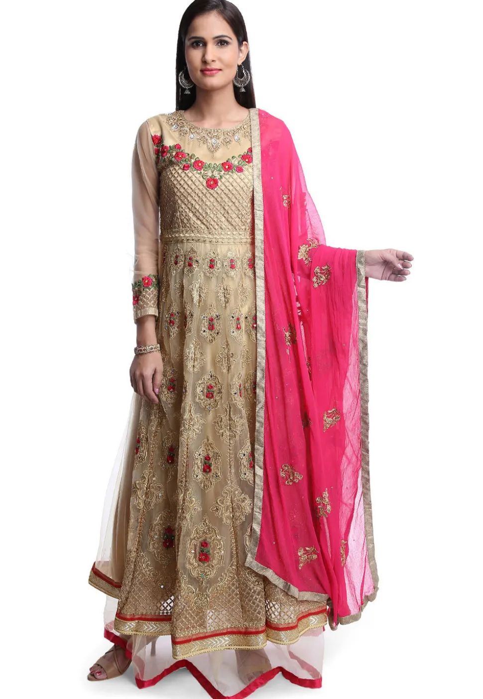 Embroidered Net Abaya Style Suit in Beige