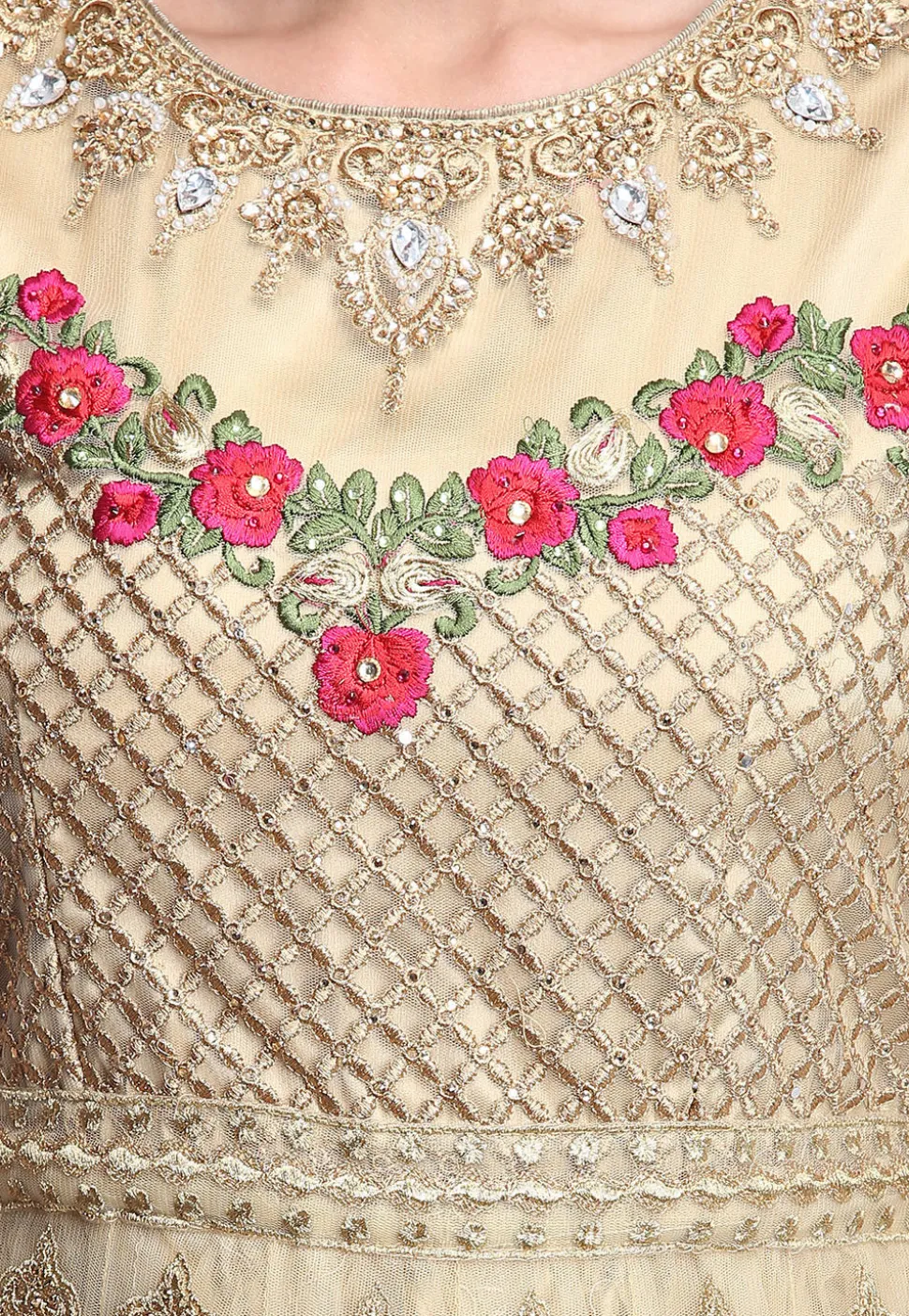 Embroidered Net Abaya Style Suit in Beige