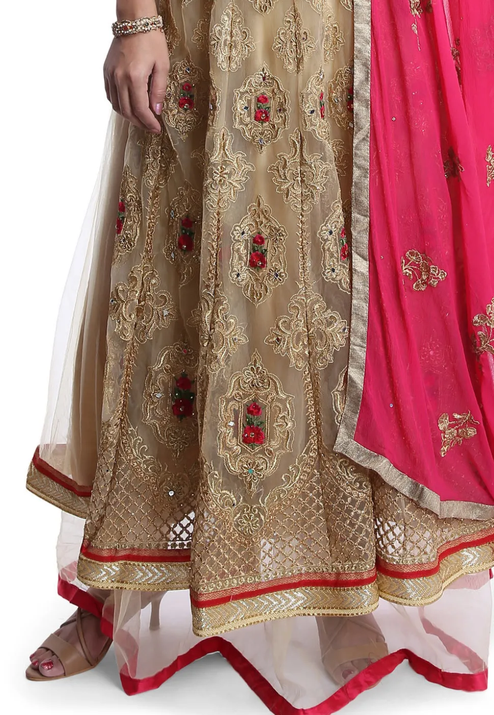 Embroidered Net Abaya Style Suit in Beige