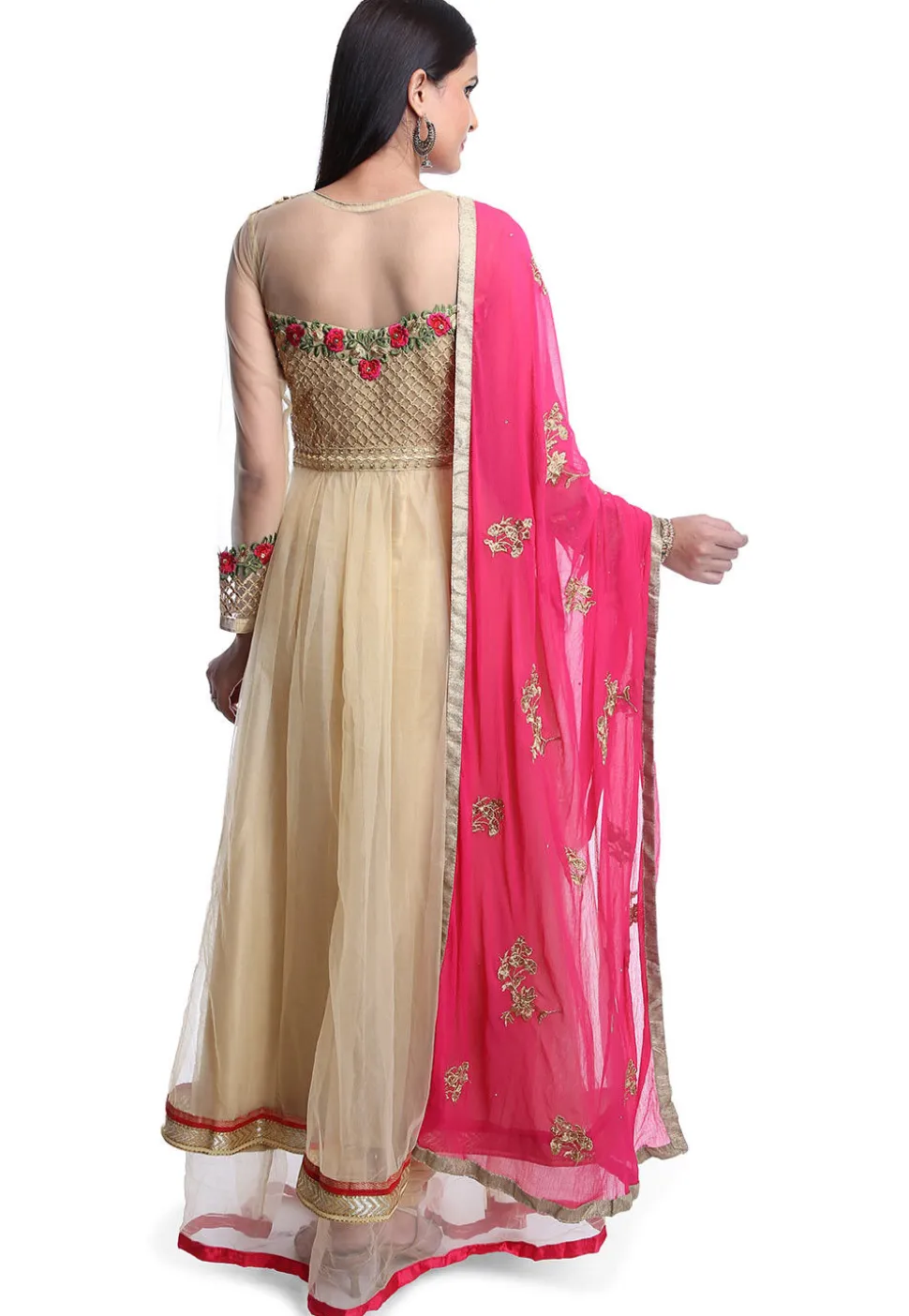 Embroidered Net Abaya Style Suit in Beige